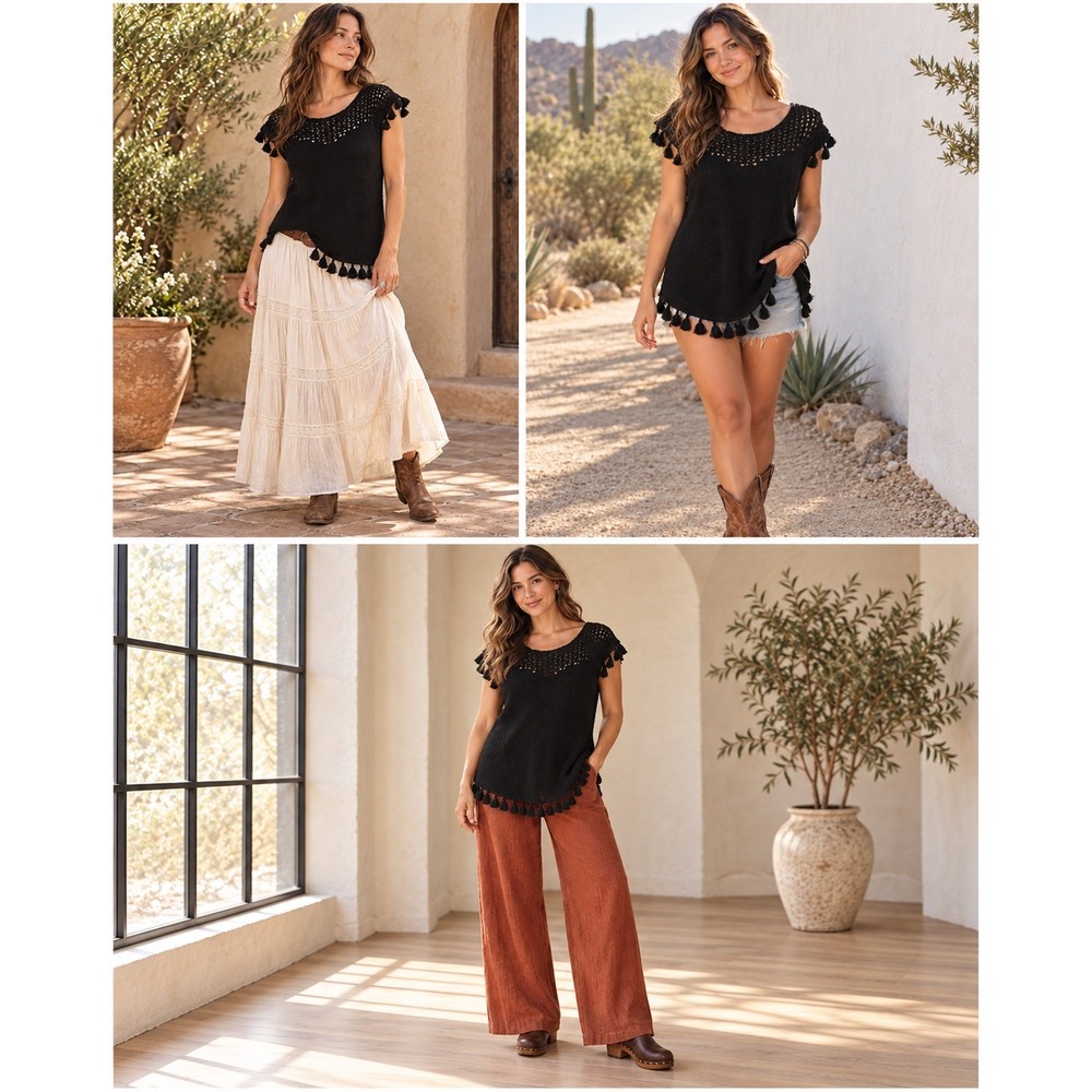 By Anthropologie Sweater Womens XL Black Open Knit Tassel Fringe Boho Festival